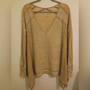 Free People Women's Tan Waffle Knit V-Neck Top Sz M